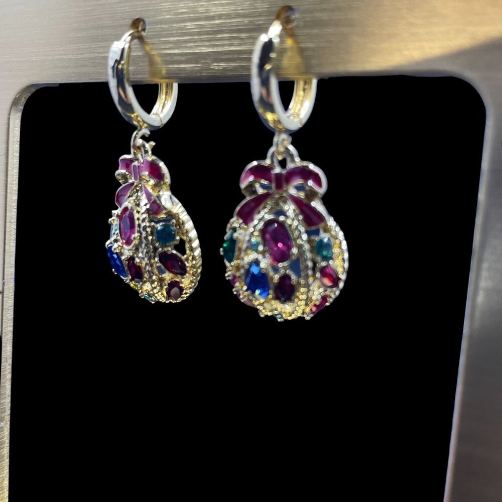 Multicolor Crystal Bow Drop Earrings Gold Statement Glam Vintage Style Jewelry - Picture 4 of 5